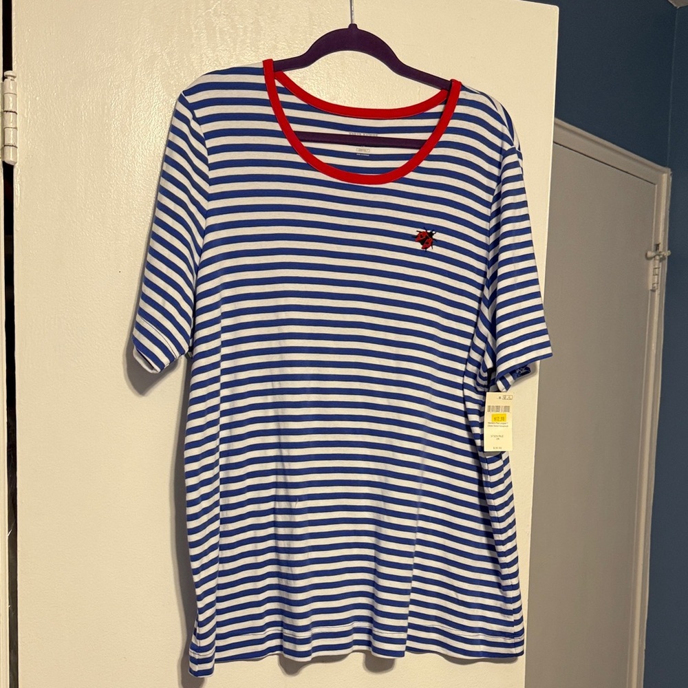 Duluth Trading Co Blue and White Striped Short Sleeve Tee with Red Trim